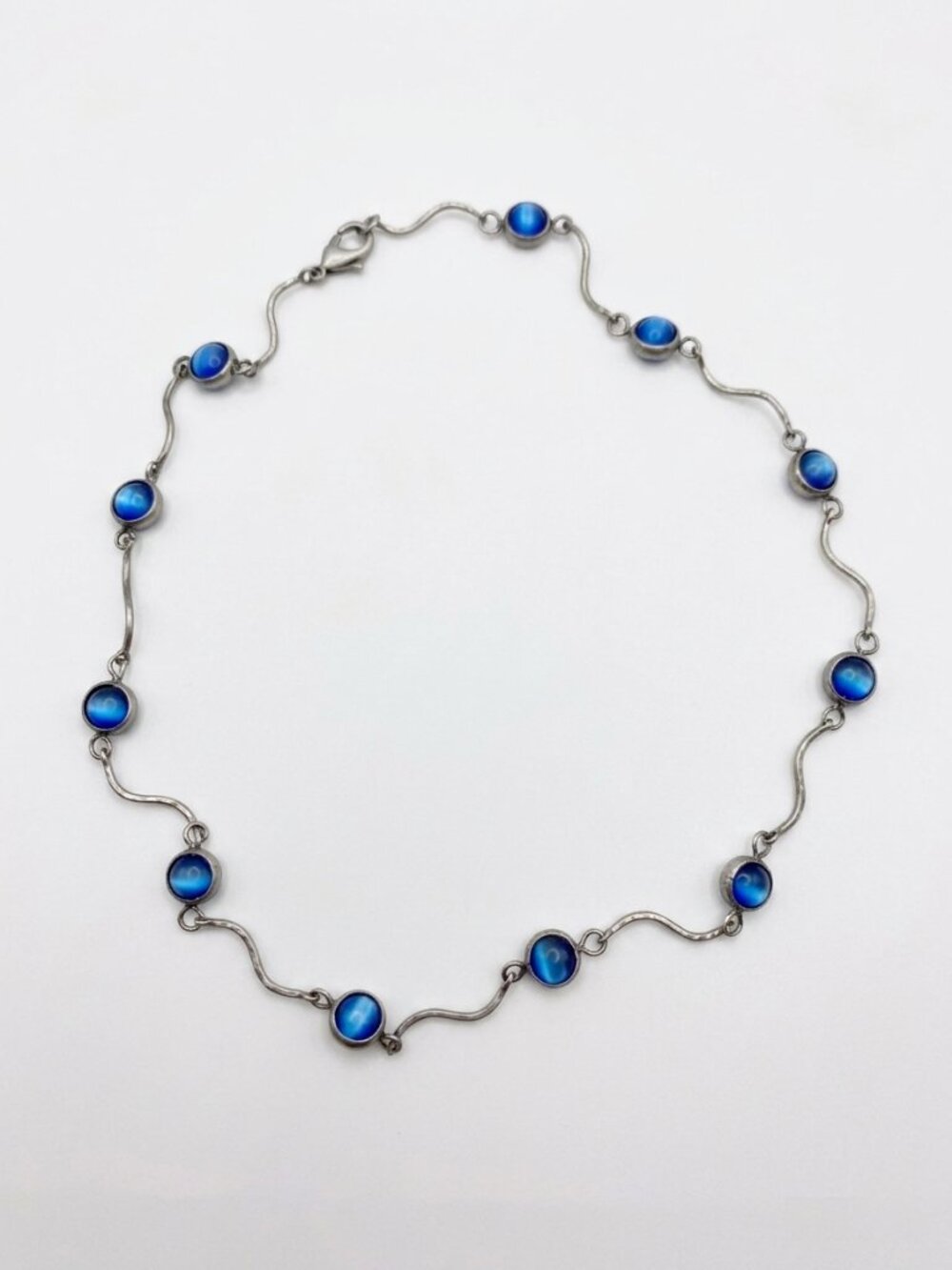 Vintage Cat's Eye Blue Glass Cabochon Pewter Choker Necklace